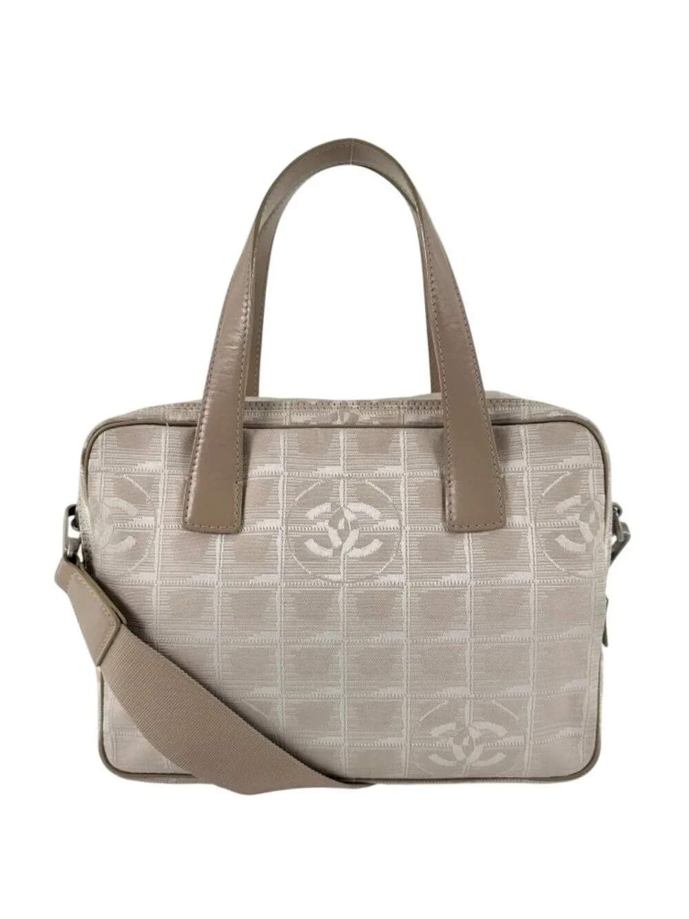 Chanel New Travel Leather Canvas Beige Handbag Silver